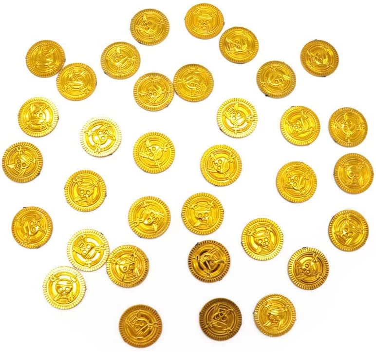 عملات بلاستيكية ذهبية للقراصنة (100 قطعة) لوازم ديكور حفلات الهالوين مطلية بالذهب بوكر كازينو رقاقة قراصنة كنز دعائم كابتن لعبة للاطفال - B0BZGV47KB