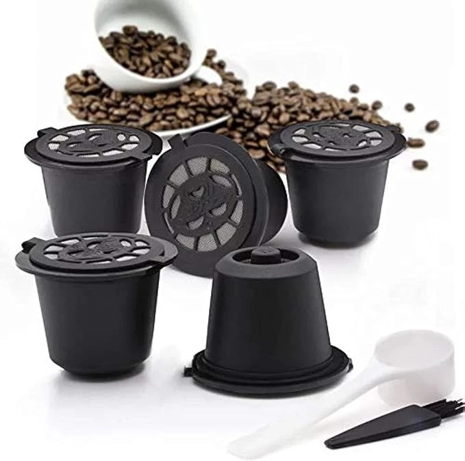اكواب لكبسولات القهوة القابلة لاعادة الاستخدام واعادة التعبئة مع ملعقة وفرشاة - هدايا القهوة، سوداء، 6 قطع-B08W5825MR