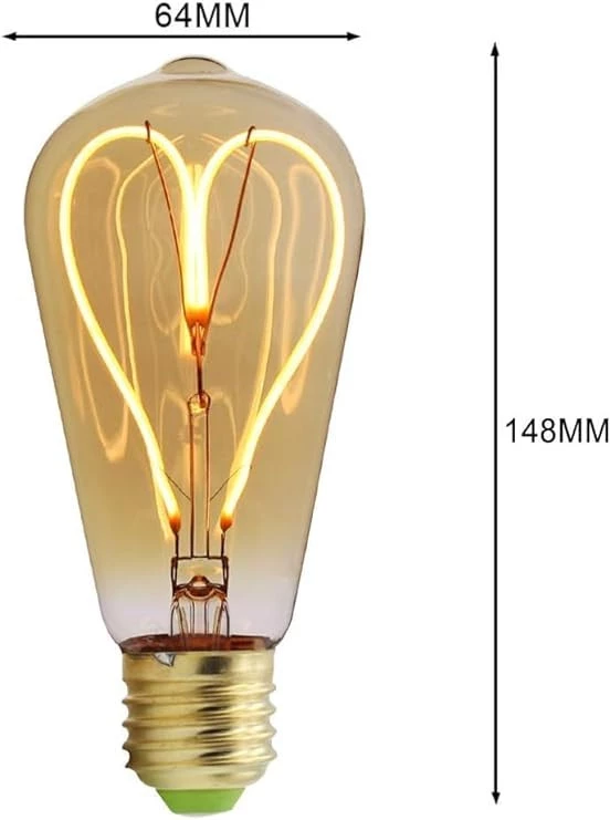 My Souq Store Vintage LED Bulb [Green Light - Energy Class A++] ST64 Love Heart Design 4W Dimmable 220/240V E27 Vintage Light Bulb Amber Heart Shaped Decorative Lamp Green Light 4W-B0CNLK9L8T