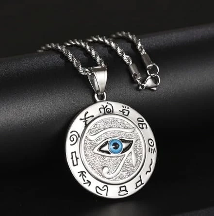 My Souq Store Eye of Horus Rune Round Pendant Necklace for Men [1 Piece - Silver - 4cm Diameter] Men's Pendant Necklace Metal Amulet Jewelry Accessories-B0CQWFGY79