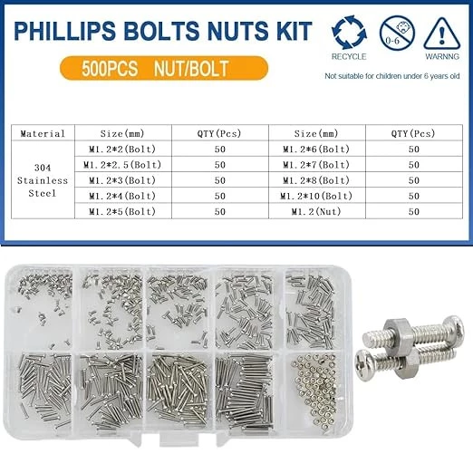 MySouq-Stock Small Screws Stainless Steel Glasses Watch Screw Nuts Set Phillips Cross Round Head Motherboard PCB Bolts Kit 500Pcs (M1.6 500Pcs)
