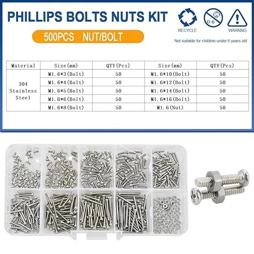 MySouq-Stock Small Screws Stainless Steel Glasses Watch Screw Nuts Set Phillips Cross Round Head Motherboard PCB Bolts Kit 500Pcs (M1-M1.6 500Pcs)