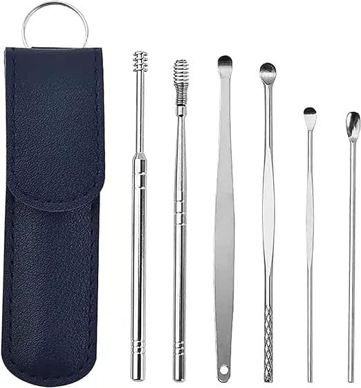 MySouq-Store Ear Wax Removal Tool Set - Spiral Design Stainless Steel Ear Wax Cleansing Kit, Portable Reusable Ear Pick, Easy to use, Earwax Cleaner Kit with Storage Bag (6pcs) (Black)