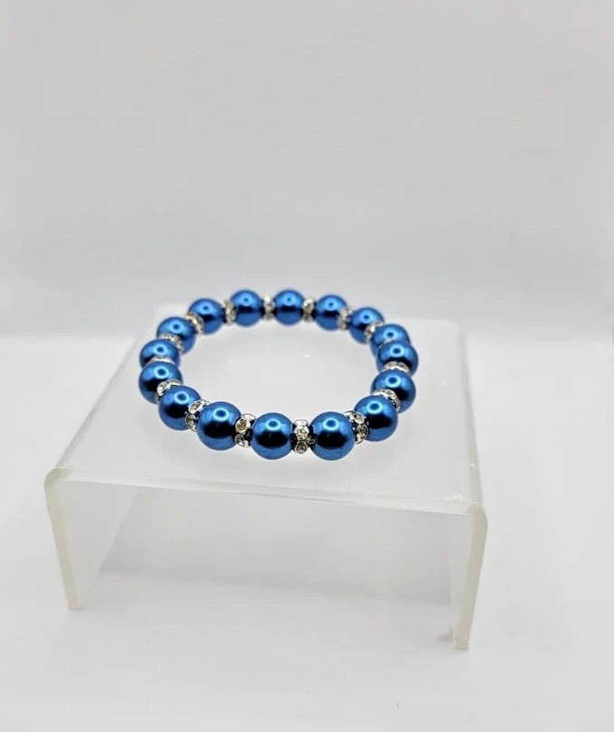 MySouq-Store [1Pc- Blue ] Pearl Beads Stretch Silver Spacers Bracelet 7" WB101