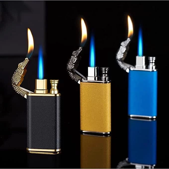 MySouq-Syore - 1 pcs Metal Creative Double Fire Lighter Blue Flame Windproof Open Fire Conversion Lighter Unusual Gift (Crocodile, Black) (Random Color may apply)