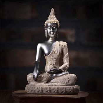 زخارف بوذا للمنزل ، تمثال بوذا جالس للتأمل من الحجر الرملي مصنوع من الراتنج لتزيين المنزل - رمادي