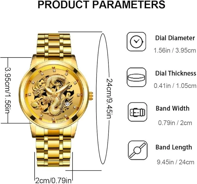 My Souq Store Luxury Sports Watch for Men and Boys with Chinese Dragon Carved Dial and Quartz Movement, Waterproof Stainless Steel Sports Watch (Black BG Gold)-B0DJK9K7QG