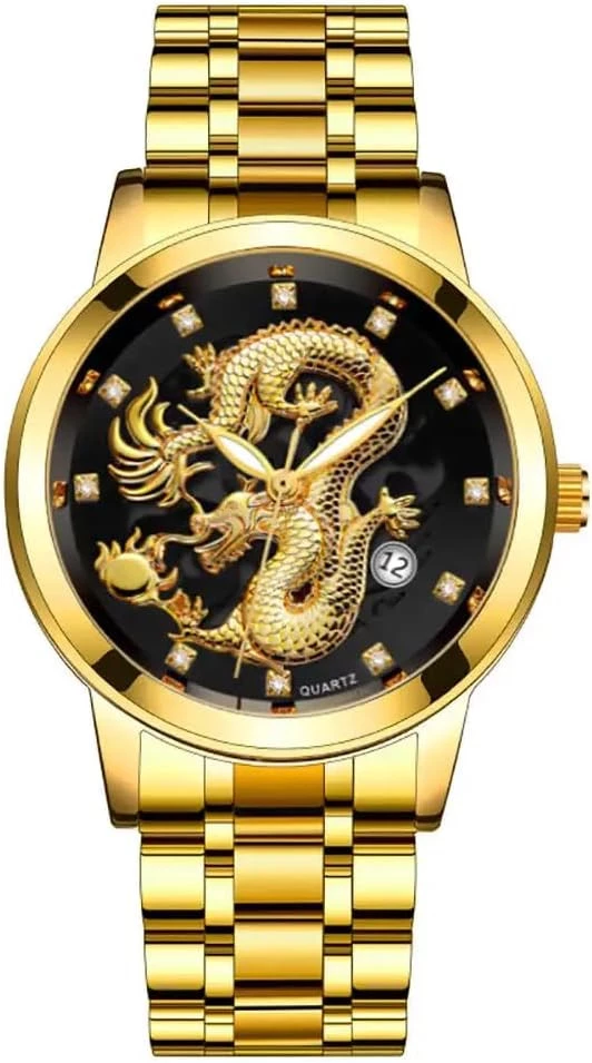 My Souq Store Luxury Sports Watch for Men and Boys with Chinese Dragon Carved Dial and Quartz Movement, Waterproof Stainless Steel Sports Watch (Black BG Gold)-B0DJK9K7QG