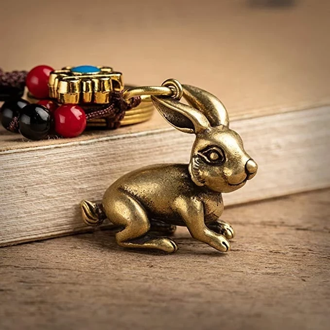 التماثيل البرونزية الرجعية النحاس الحيوان لطيف أرنب سيارة مفتاح سلسلة اليدوية حبل قلادة عملات الصينية محظوظ فنغ شوي الحبل الشنق-Only_Rabbit