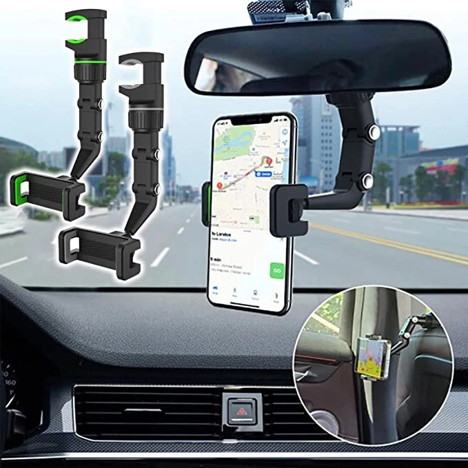 حامل هاتف متعدد الوظائف قابل للدوران بزاوية 360 درجة ومرآة الرؤية الخلفية للسيارة