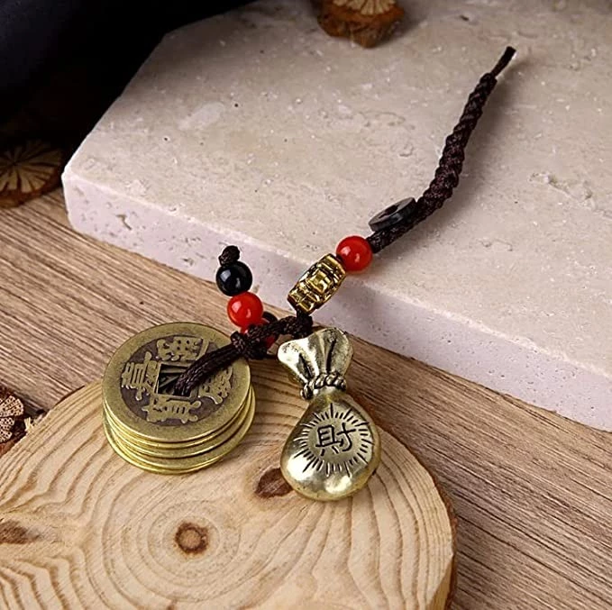 Handmade Rope Lucky Feng Shui Hanging Vintage Brass Money Bag Keychain Pendant Jewelry Ancient Five Emperors Coins Car Key Chain - B0B3YBK73H