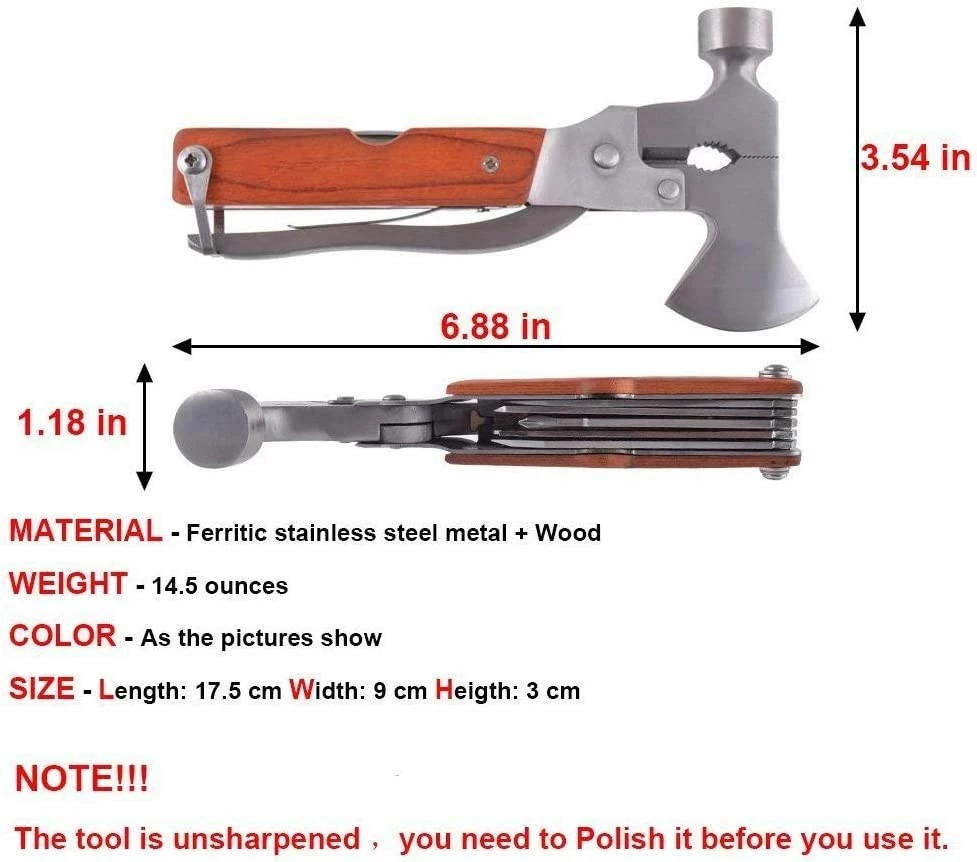 أداة مطرقة مخلب محمولة متعددة الوظائف من الفولاذ المقاوم للصدأ 16 في 1 للتخييم والمشي لمسافات طويلة والصيد والأدوات المنزلية وحالات الطوارئ وأطقم النجاة في الهواء الطلق أدوات الهروب في حالات الطوارئ