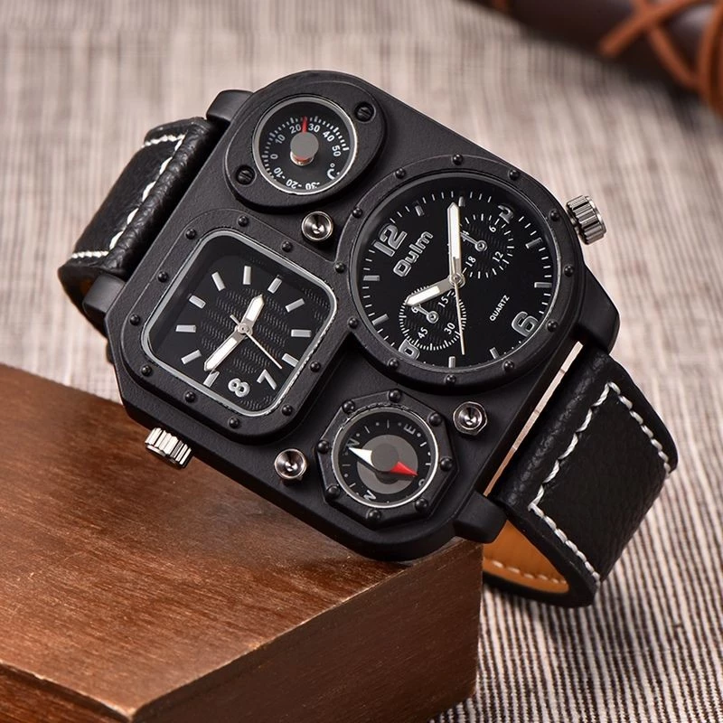Oulm Multi-Function Quartz Wrist Watch with Black Leather Watchband - B098TY7SCJ
