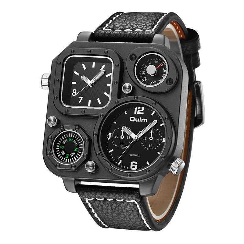 Oulm Multi-Function Quartz Wrist Watch with Black Leather Watchband - B098TY7SCJ