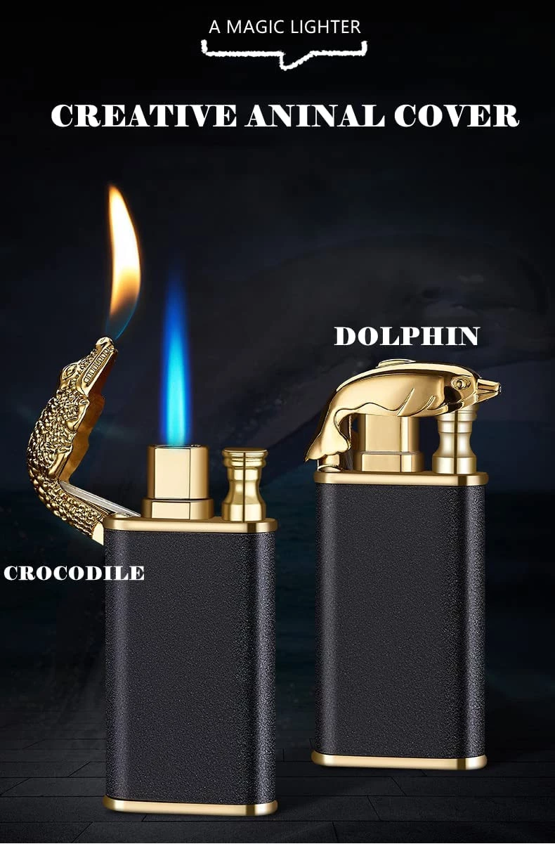 Metal Creative Dragon Crocodile Tiger Dolphin Double Fire Lighter Blue Flame Windproof Open Fire Conversion Lighter Unusual Gift - B0BNFB7YVJ