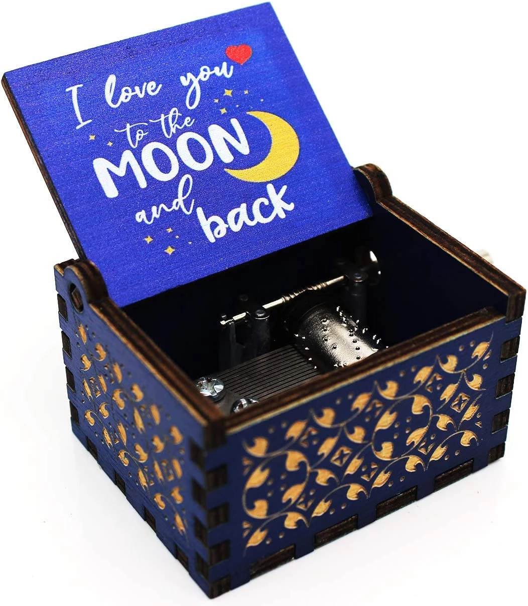 صندوق موسيقي ملون خشبي - أحبك إلى القمر وصندوق موسيقي ملون من الخلف ، هدايا للأبنة ، هدايا للأبن ، هدايا لأحبائك - مجموعة واحدة - B0895G9FH4