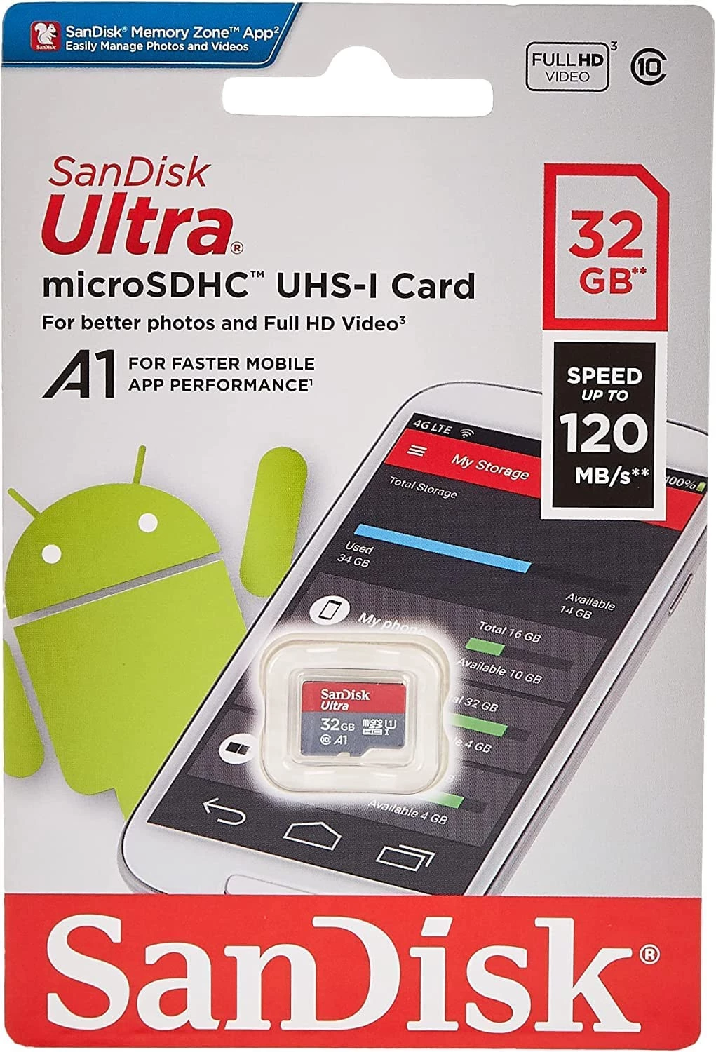 فلاش ميموري 32 جيجابايت Ultra MicroSD UHS-I فائقة السرعة A1 فئة 10 120 ميجابايت/ثانية من سانديسك - SDSQUA4-032G-GN6MN - B08L5HMJVW