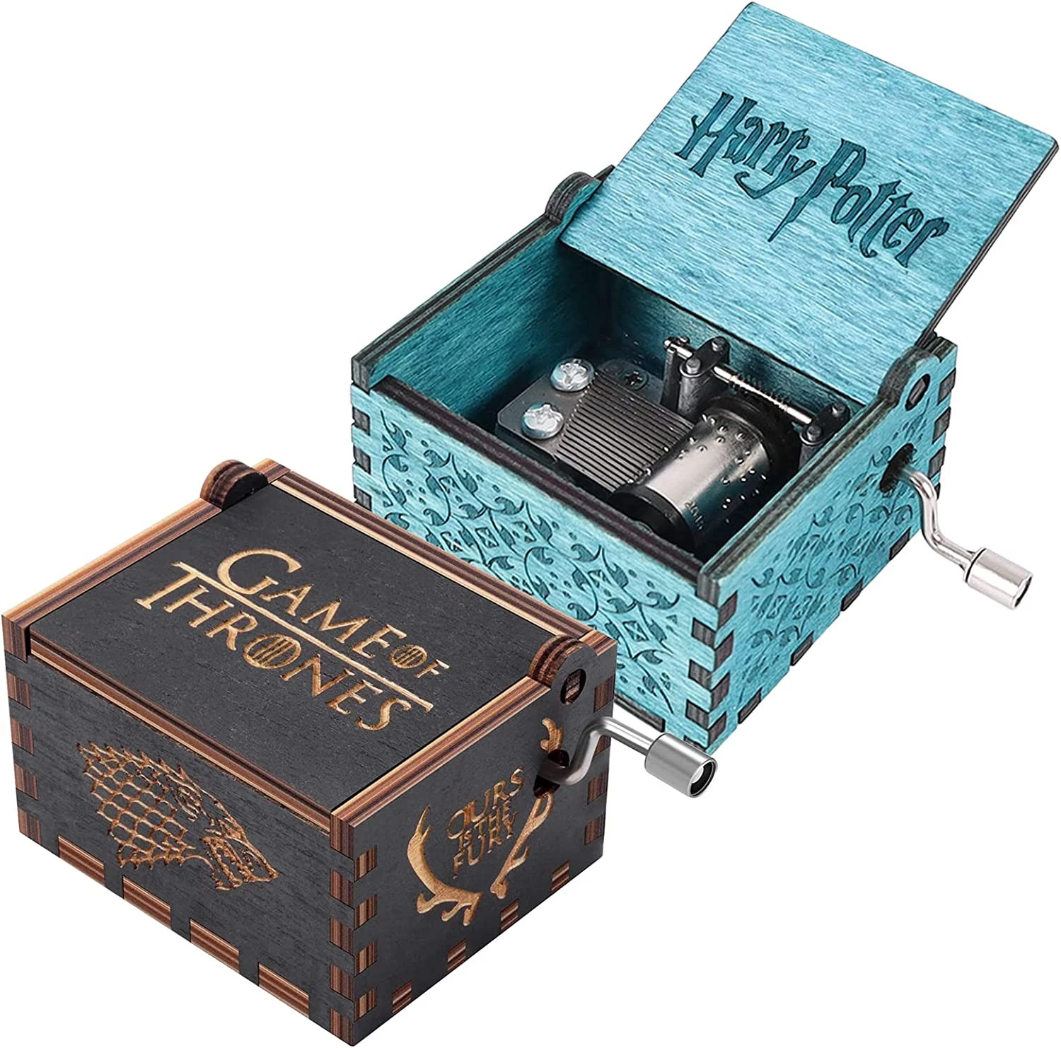 Wooden Music Box, 2 Pieces Hand Crank Music Boxes Wooden Music Cheese Antique Carved Wooden Music Box Harry Potter Wooden Hand Crank Music Boxes with Hand Crank for Birthday, Anniversary, Festival - B