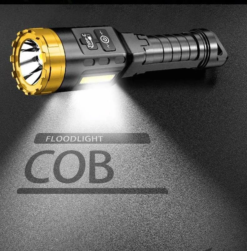 مصباح يدوي LED طويل المدى قابل لاعادة الشحن بمنفذ USB مقاوم للماء مع مصباح جانبي سي او بي للتخييم - B0BS8B6Y5L