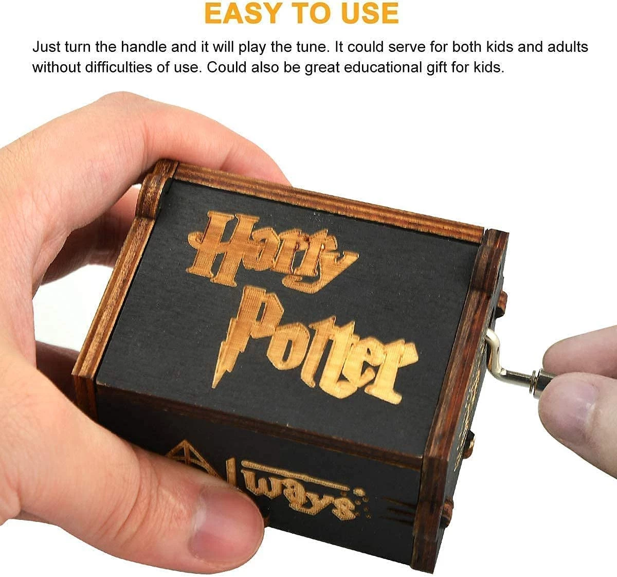 A wooden music box with a design inspired by the Harry Potter movie series, a mini box decorated with laser engraved engravings that you can customize to present as a gift from the husband to his wife